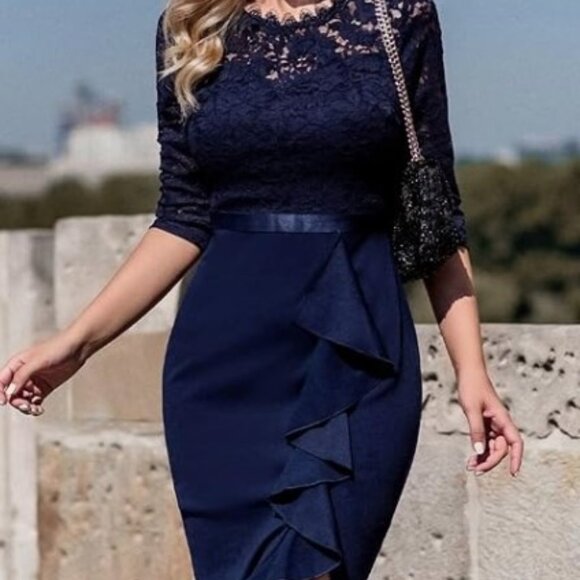 Miusol Lace Ruffle Style Cocktail Mini Blue Dress - Picture 5 of 8